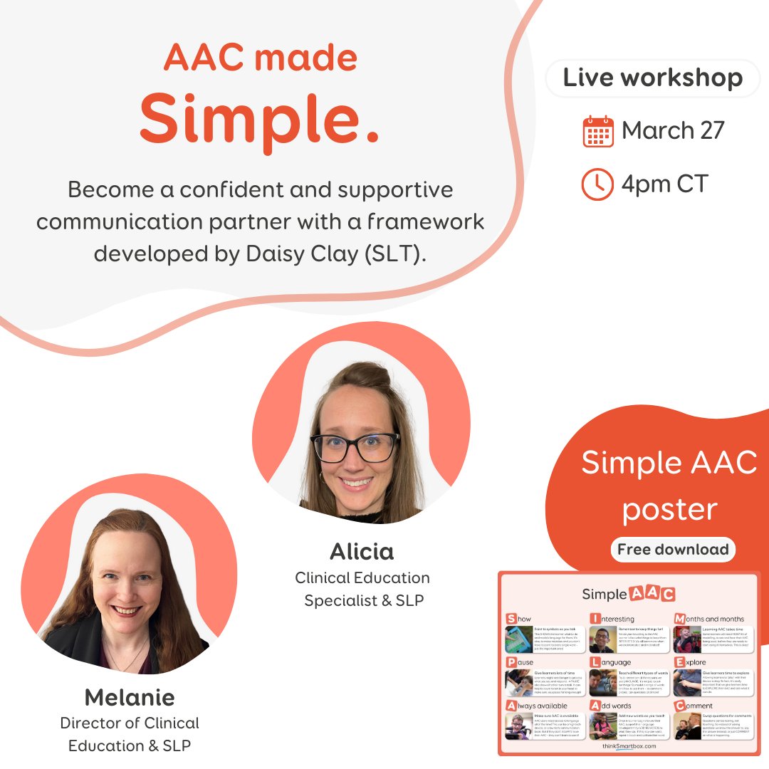 Become a confident and supportive communication partner with the Simple #AAC framework! Book your spot for our upcoming live workshop with Smartboxers and SLPs, Alicia and Melanie, to learn useful techniques from the framework developed by Daisy Clay(SLP):bit.ly/Simple-AAC-liv…