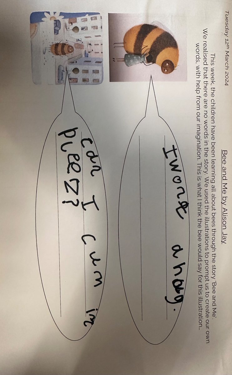 firsprimarysale's tweet image. #RecAsh have been learning all about bees this week through the story ‘Bee and Me’. We wrote our own speech bubbles #Firswriting #Empathy #Resilience