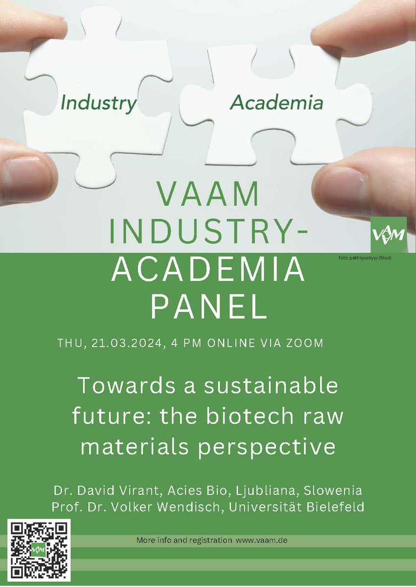 🔔The 12th #VAAM_IAP is just around the corner 📆THU 21.3. 4 pm online 💡Towards a sustainable future: the biotech raw materials perspective Speakers: Volker Wendisch @CeBiTec @unibielefeld & David Virant @AciesBio Free registration & Info ➡️t1p.de/s93i4 Please share!