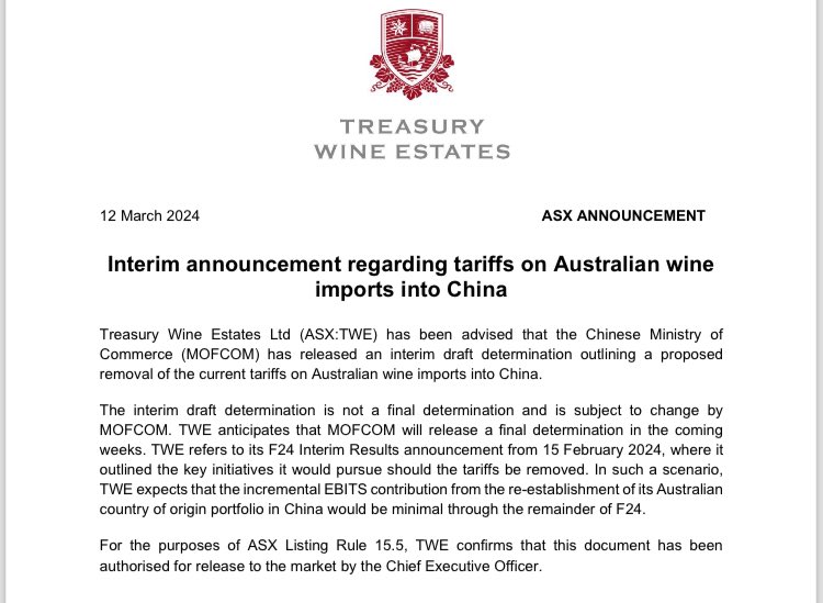 Another step towards trade normalisation: China’s Commerce Ministry hands down interim decision to remove tariffs on Australian wine. Final decision expected by end of month, but everything pointing in same direction. Careful response from Treasury Wine Estates: