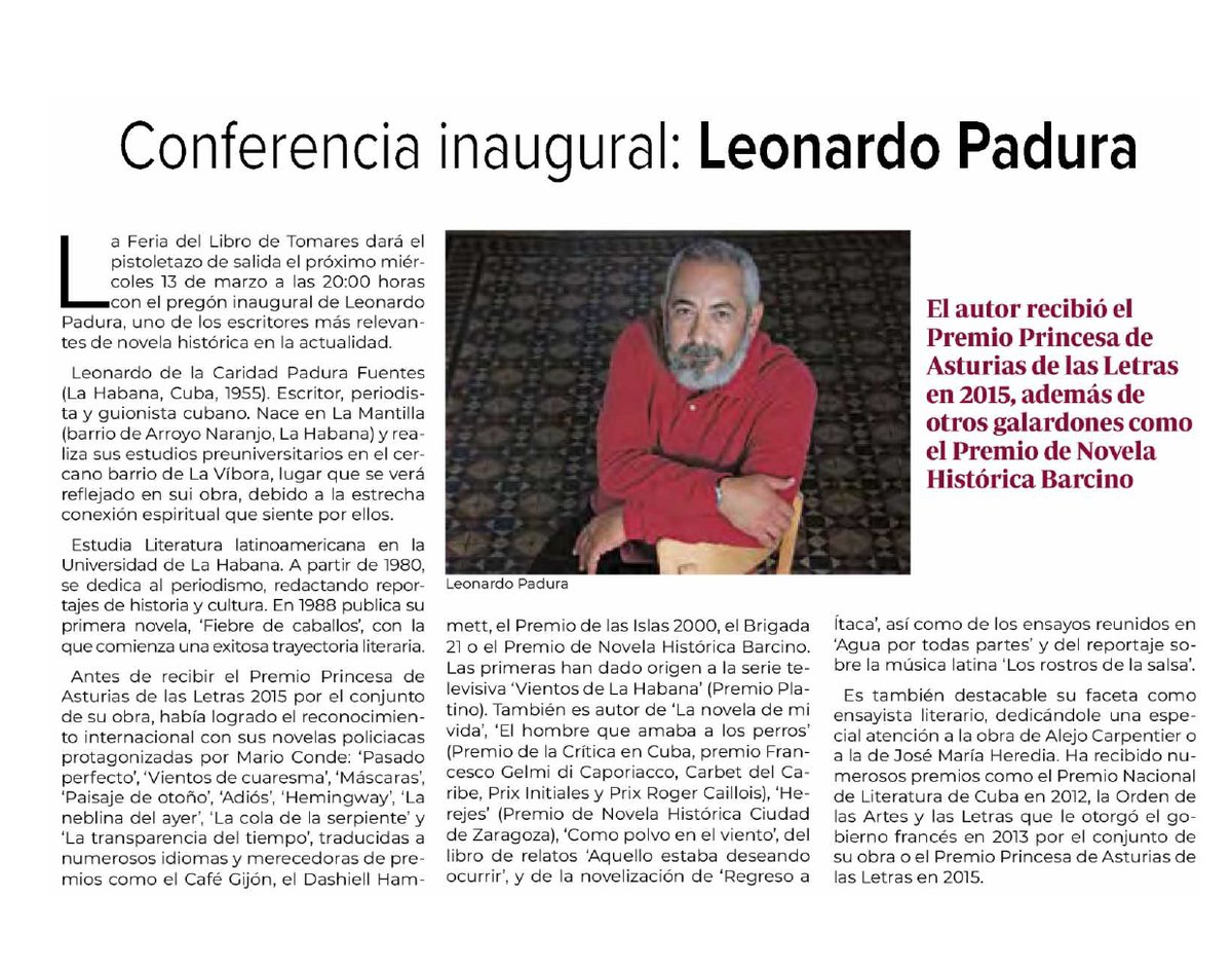 Leonardo Padura pronunciará el pregón inaugural de la Feria del Libro de Tomares. ow.ly/pPpN50QQZGj

Miércoles, 13 de marzo.
20:00 horas.
Auditorio Municipal Rafael de León.

<a href="/abcdesevilla/">ABC de Sevilla</a> <a href="/Tomares_es/">Ayuntamiento de Tomares</a>