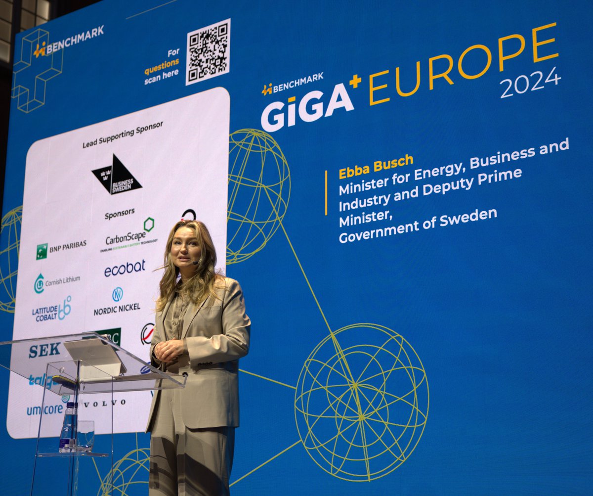 ⚡ Sweden’s Minister for Energy, Business and Industry and Deputy Prime Minister, <a href="/BuschEbba/">Ebba Busch</a>, shared words of welcome at Giga Europe 2024 this morning:

“We have excellent conditions for producing sustainable and resource-efficient #batteries. And we have strong actors along the