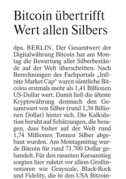 BakerMcGER's tweet photo. Heute in @FAZ_Wirtschaft: #Bitcoin übertrifft Wert allen Silbers #Digitalwährung #bitcoins #Krypto https://t.co/YnxOTvfy2J