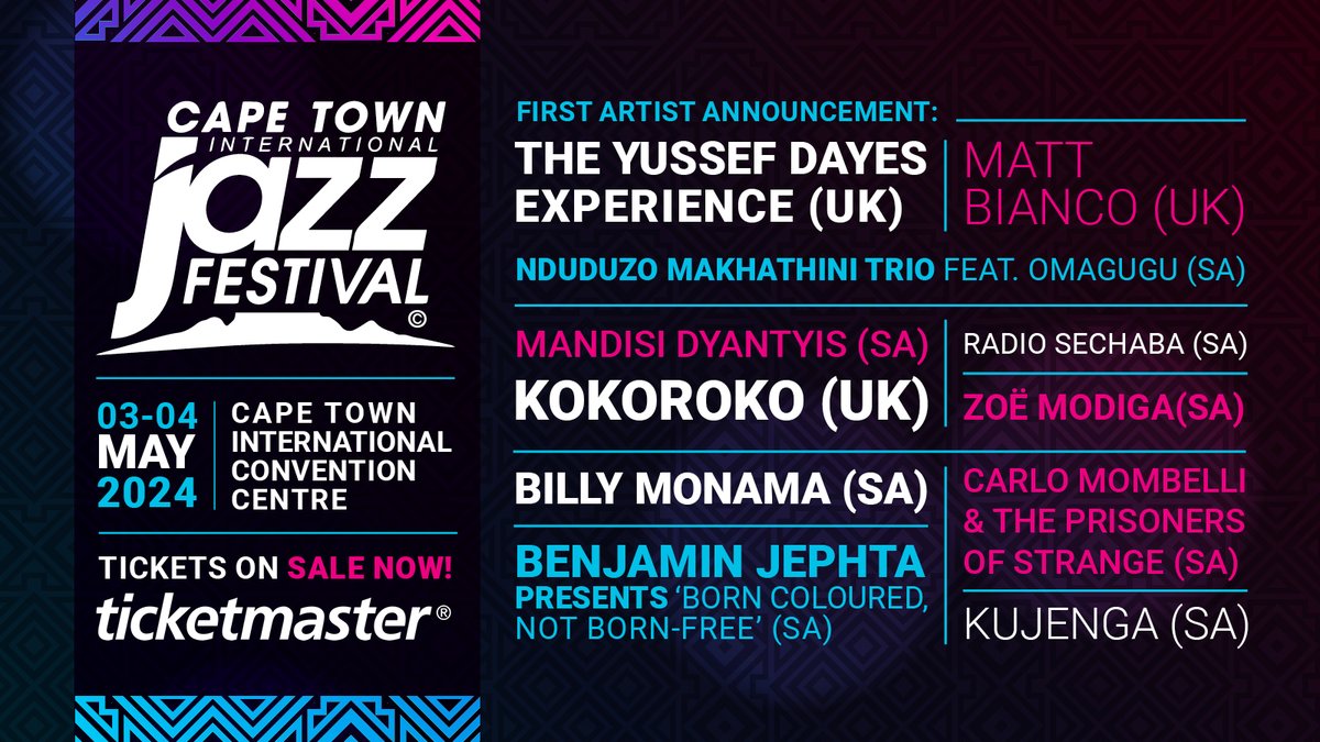 StyleModecoza's tweet photo. Feel the rhythm reverberate as the Cape Town Jazz Festival takes center stage once more, igniting the city with soulful melodies and electrifying performances! 🎺  Purchase your tickets on Ticketmaster > https://t.co/aYnLQy7ztr.  #CTIJF2024  #JazzRevival  #JazzConnect https://t.co/tNgsWXv8xQ