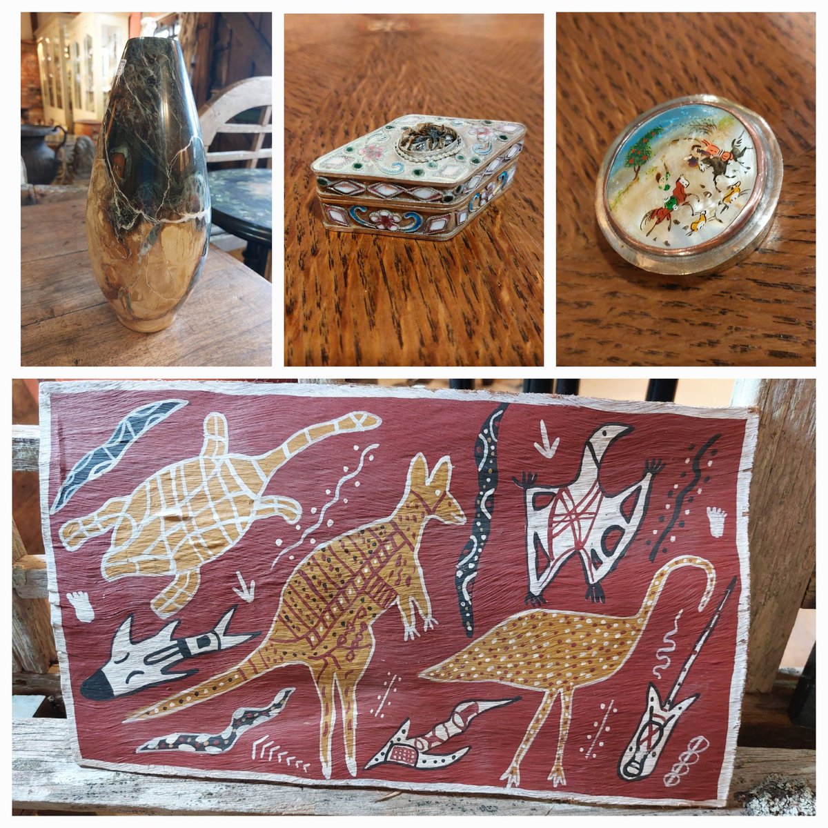 #artsandcraftschair #stonevase #indianpillbox #handpaintedpillbox #Aboriginalart #eversleybarnantiques #judismithantiques