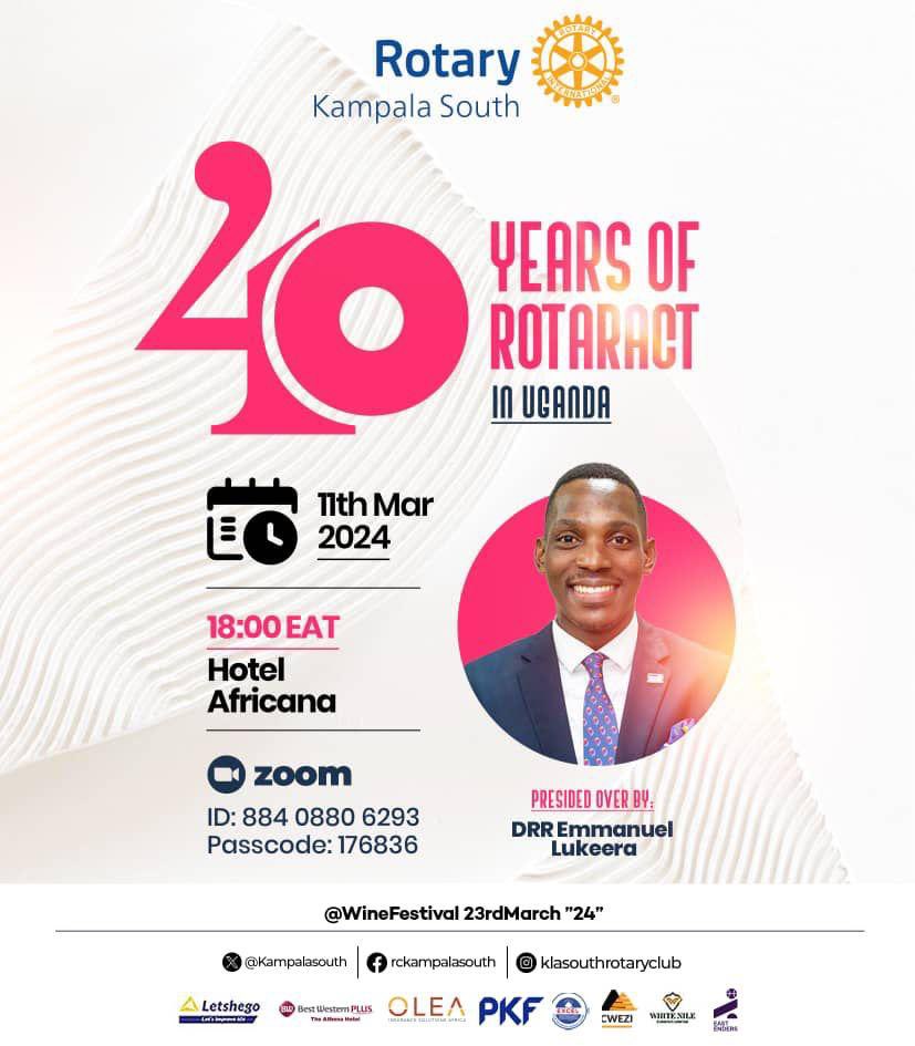 *DON'T BOUNCE*DON'T BOINCE* *Celebrate as many wins as possible* On that note, Patrons, pliz join us as we join the rest to celebrate *40 years of rotaract in Uganda* At *RC. Kla. South* this Monday 11th at Hotel Africana at 6pm. # WeAre *TheMankind*