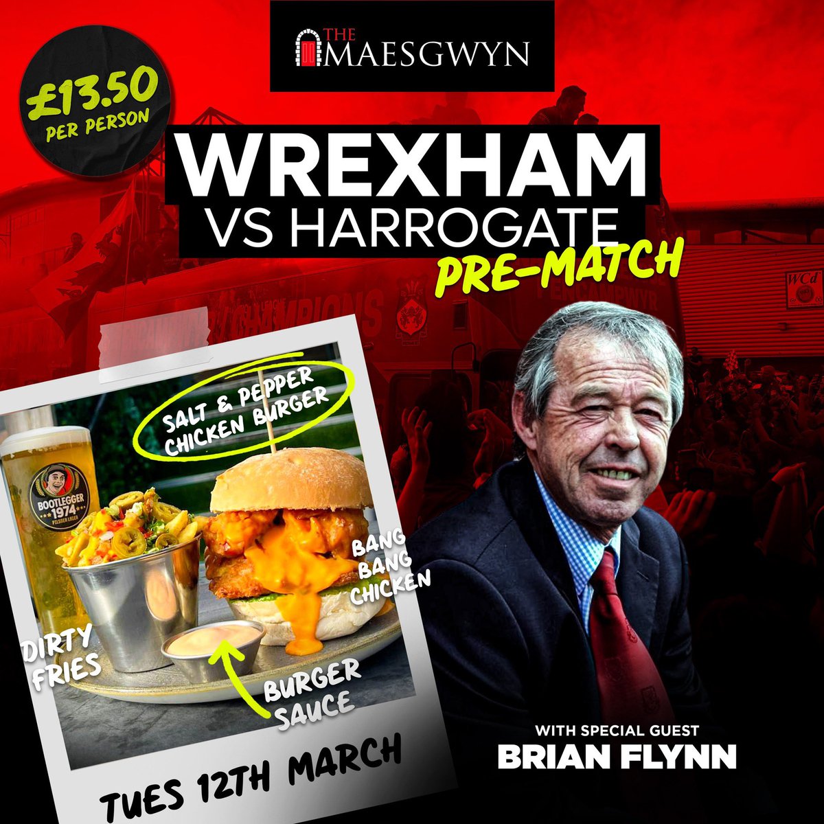 🍺⚽️ P R E - M A T C H ⚽️ 🍺 FINAL CALL…….. Arrive any time between 5 and 6ish Brian will be on from about 6.20 🍔 Salt & Pepper Chicken Burger 😋 Bang Bang Chicken 🧀 Beer Cheese Sauce 🍟 Dirty Fries 🍅 Burger Sauce 🍺 Pint £13.50 ⬇️BOOK NOW ⬇️ loom.ly/4II4np8