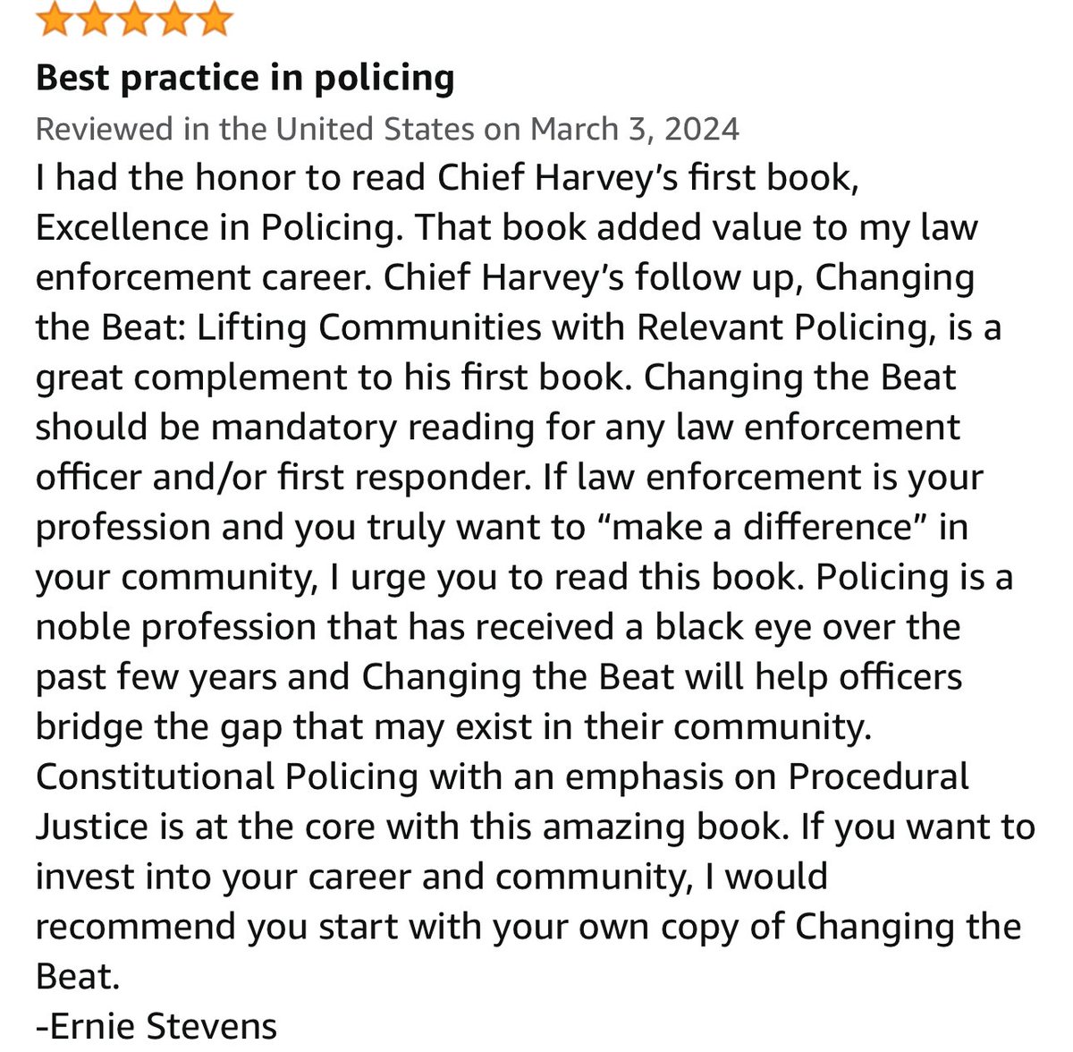 📕🚔🚨👮🏽‍♂️🔥5 out of 5 stars Thank you @estevens0845 for your kind words in your review of Changing The Beat. This means so much coming from you. Order your copy today: Changing The Beat: Lifting Communities With Relevant Policing a.co/d/2KSgckG