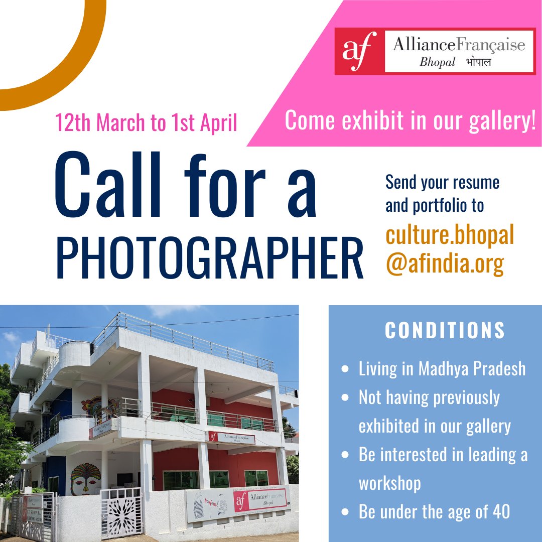 Alliance Française de Bhopal-Indore (@afbhopal) on Twitter photo #CALLFORAPHOTOGRAPHER! 📷
🔹 Submit your resume + portfolio to culture.bhopal@gmail.com
🔹 Deadline: April 1st 2024 🗓
🔹 Selected photographer will have the opportunity to display his/her creations in our gallery space and to run a workshop (format to be defined) #CALLFORAPHOTOGRAPHER! 📷
🔹 Submit your resume + portfolio to culture.bhopal@gmail.com
🔹 Deadline: April 1st 2024 🗓
🔹 Selected photographer will have the opportunity to display his/her creations in our gallery space and to run a workshop (format to be defined)
