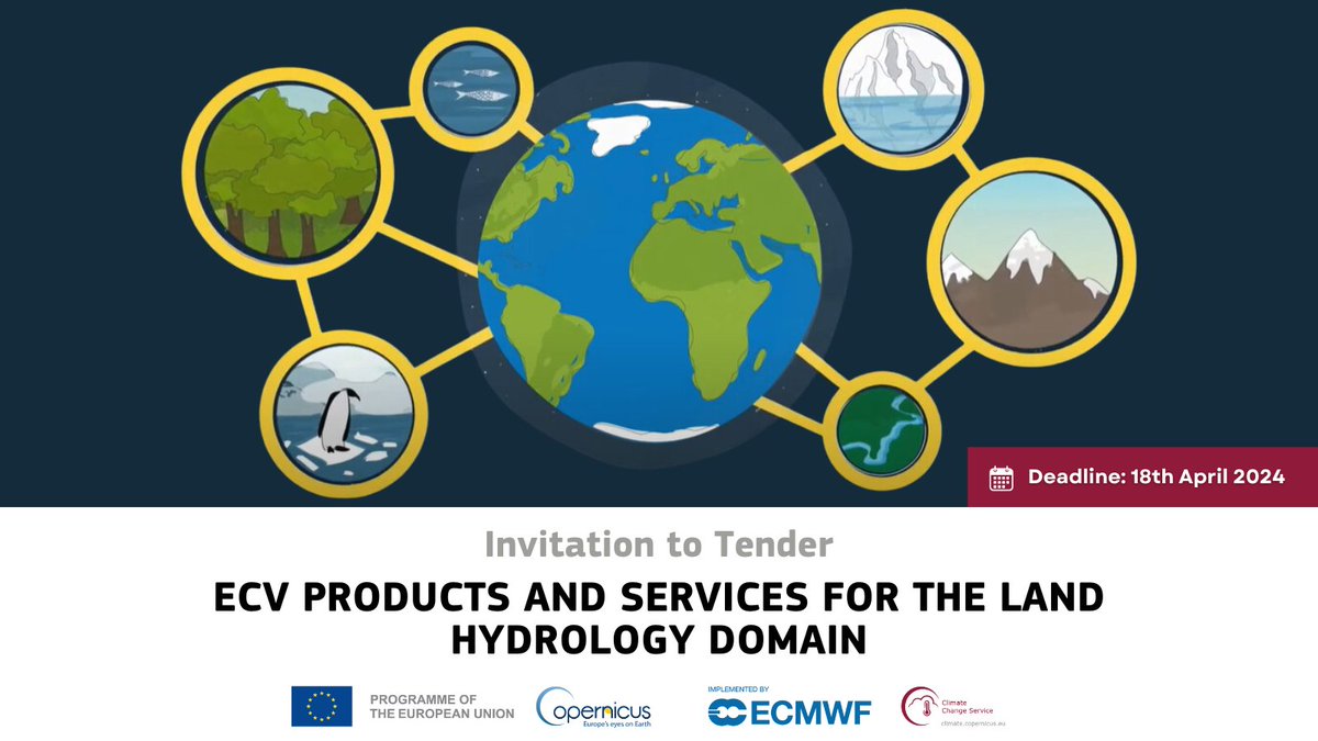 📢New ITT @ECMWF invites tenders for the provision of Essential Climate Variable (ECV) products and services in the domain of land hydrology, specifically for soil moisture, lakes, and groundwater and terrestrial water storage. ▶️Apply before April 18: climate.copernicus.eu/c3s2313c-ecv-p…
