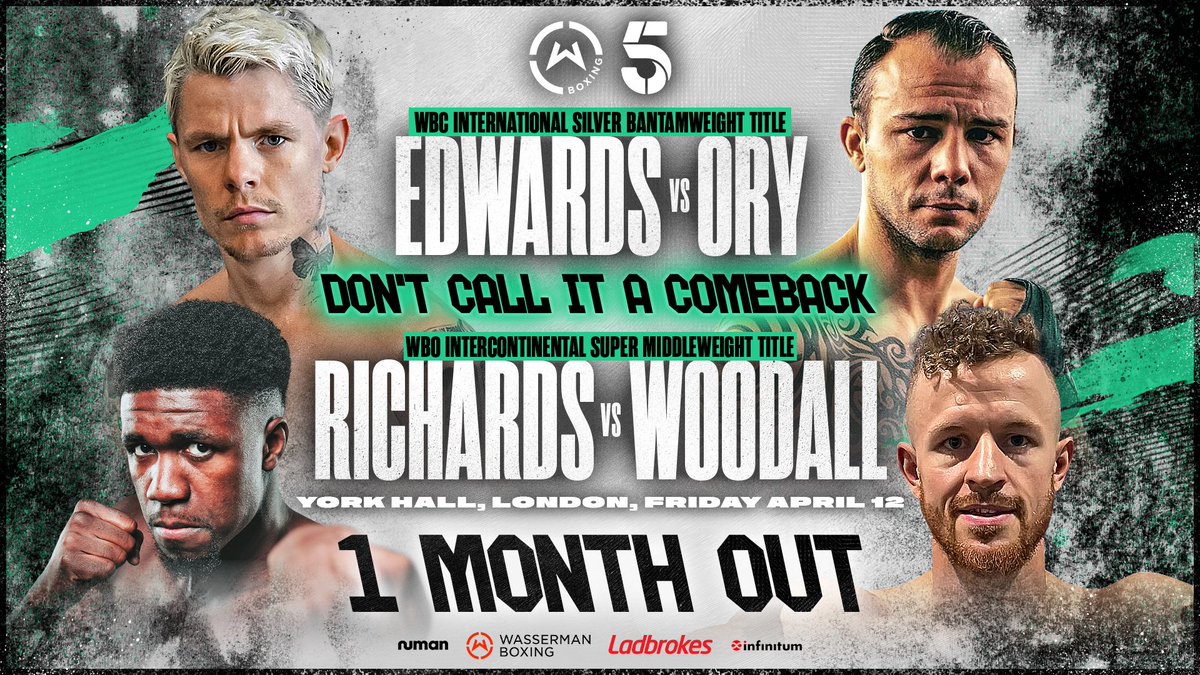 𝟭 𝗠𝗢𝗡𝗧𝗛 𝗢𝗨𝗧🚨

<a href="/CEdwardsBoxing/">Charlie Edwards 🦅</a> RETURNS to take on Georges Ory for the WBC International Silver Bantamweight Title, while <a href="/Snipertheboss/">Lerrone Richards 🐝</a> clashes with Steed Woodhall for the WBO Intercontinental Super Middleweight Title🏆

Tickets👉 ticketmaster.co.uk/edwards-v-ory-…

York Hall | Fri