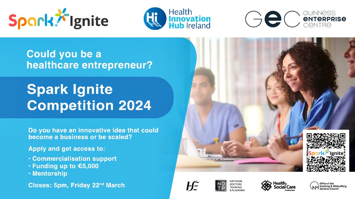 Do you have an idea for a new product or service that will improve health outcomes and innovate healthcare practice? #Apply for HSE Spark Ignite 2024 👉 hse-ie.libwizard.com/id/b01a4b3c28f… ⏳Deadline: March 22nd 2024 #healthinnovation #hsespark2024 #innovationinhealthcare