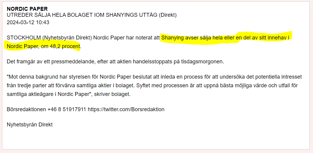 AbcpokerBI's tweet image. #NordicPaper riktigt konstig reaktion +3% i aktien här. 

Största ägaren med 48% vill sälja hela innehavet. Men snygg spin på det att man då ska "sälja hela bolaget"

Men objektivt ser det ju fantastiskt ut att få premie när en storägare precis sagt att den ska bomba ut allt.