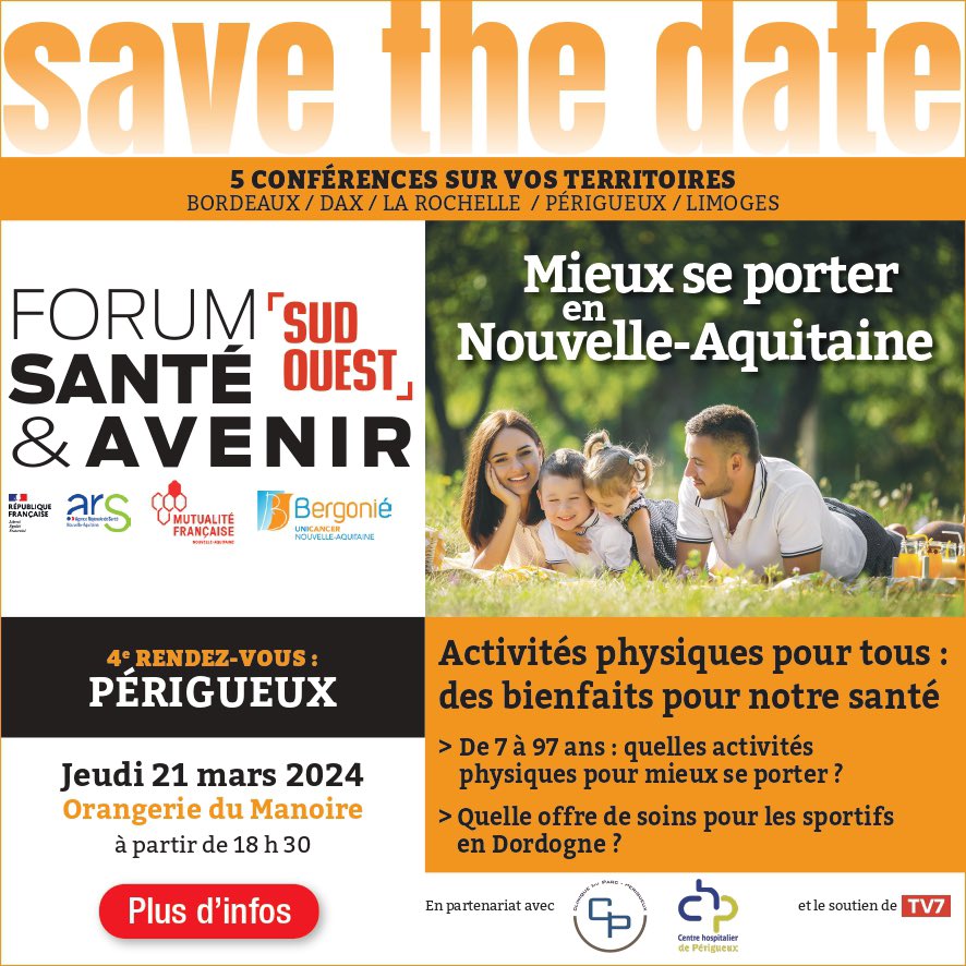 <a href="/sudouest/">Sud Ouest</a>, en partenariat avec <a href="/ARS_NAquit/">ARS Nouvelle-Aquitaine</a>, <a href="/MutNaquitaine/">Mutualité Française Nouvelle-Aquitaine</a> et @BERGONIE33 vous invitent jeudi 21/3 à #Boulazac pour parler des bienfaits de l’activité physique sur la #santé
Avec la participation, entre autres, de <a href="/FxMahon/">Mahon François-Xavier</a>, <a href="/ElleboodeB/">ELLEBOODE Benoit</a>, <a href="/BertrandDupouy/">Bertrand Dupouy</a> 
evenements.sudouest.fr/2023-forums-fs…
