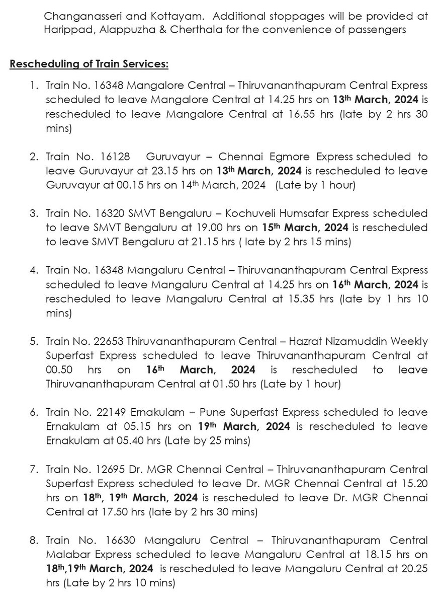 Changes in the pattern of following train services as Fixed Time Corridor Block have been approved in #Thiruvananthapuram Division. Passengers, kindly take note and have a #SafeJourney.

#SouthernRailway #Trivandrum #RailwayUpdate #RailwayAlert