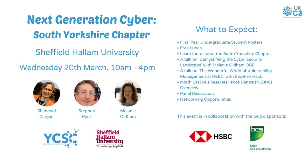 Join us for an unforgettable day of innovation and collaboration at the Next Generation Cyber event hosted by us and @SheffieldHallamUnive, in partnership with <a href="/BCS_South_Yorks/">BCS South Yorkshire</a> and <a href="/HSBC_UK/">HSBC UK</a>! 🚀

Don't miss out! Secure your FREE ticket below ⬇️
lnkd.in/eCQddbjE