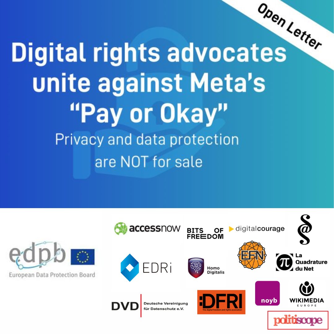 📑 Την περασμένη Πέμπτη, 7 Μαρτίου, μαζί με την @edri και άλλες σημαντικές οργανώσεις της Κοινωνίας των Πολιτών καταθέσαμε Ανοιχτή Επιστολή στο Ευρωπαϊκό Συμβούλιο Προστασίας Δεδομένων @EU_EDPB σχετικά με το #PayOrOkay μοντέλο της @Meta  
🔎  lnkd.in/ggZ3Vu5d