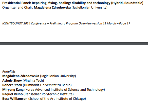 Magdalena Zdrodowska (@m_zdrodowska) on Twitter photo Incredibly happy to be organising presidential panel for <a href="/icohtec/">ICOHTEC</a> and <a href="/SocHistTech/">The Society for the History of Technology (SHOT)</a> joint 2024 conference. With <a href="/ashleyshoo/">Ashley Shew is not here.</a>, Robert Stock, <a href="/K_MiraSTS/">Miryang Kang</a>, Raquel Velho and Bess Williamson we will discuss disability and technology
<a href="/JDisSoc/">Disability&Society</a> <a href="/CGDS_UTSC/">Centre for Global Disability Studies</a> <a href="/DisabilityHistr/">DisabilityHistoryAssociation</a> @CDSLeeds Incredibly happy to be organising presidential panel for <a href="/icohtec/">ICOHTEC</a> and <a href="/SocHistTech/">The Society for the History of Technology (SHOT)</a> joint 2024 conference. With <a href="/ashleyshoo/">Ashley Shew is not here.</a>, Robert Stock, <a href="/K_MiraSTS/">Miryang Kang</a>, Raquel Velho and Bess Williamson we will discuss disability and technology
<a href="/JDisSoc/">Disability&Society</a> <a href="/CGDS_UTSC/">Centre for Global Disability Studies</a> <a href="/DisabilityHistr/">DisabilityHistoryAssociation</a> @CDSLeeds