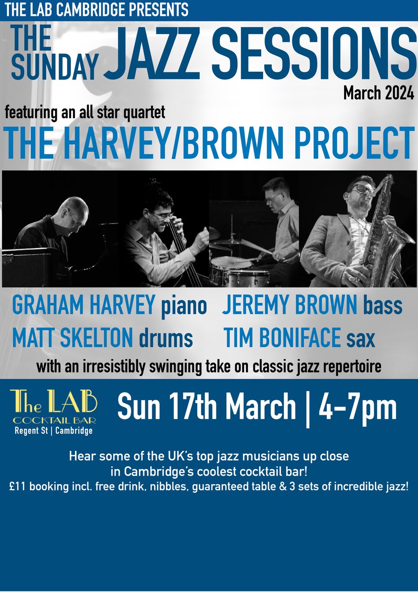 Thrilled to be playing with the brilliant Graham Harvey, Jeremy Brown and Matt Skelton again @TheLabCambridge on Sunday, 4 - 7. A few bar slots left - come down early and grab one for a classy afternoon featuring these top UK jazzers...cambridgelive.org.uk/tickets/events… @CamJazzFest