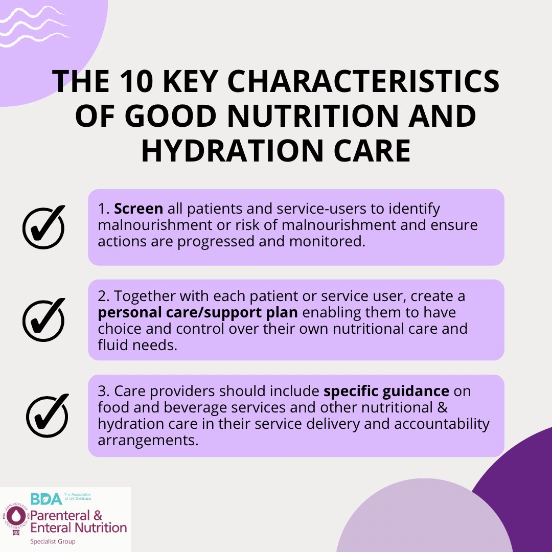 BDA_PENG's tweet photo. #nutritionandhydrationweek2024 
The 10 Key Characteristics of Good Nutrition and Hydration Care were developed by NHS England to highlight things that must be done to ensure good nutrition and hydration in hospitals and the wider community. #NHWeek @bda_dietitians @nhsengland https://t.co/C3RnZM2P7d