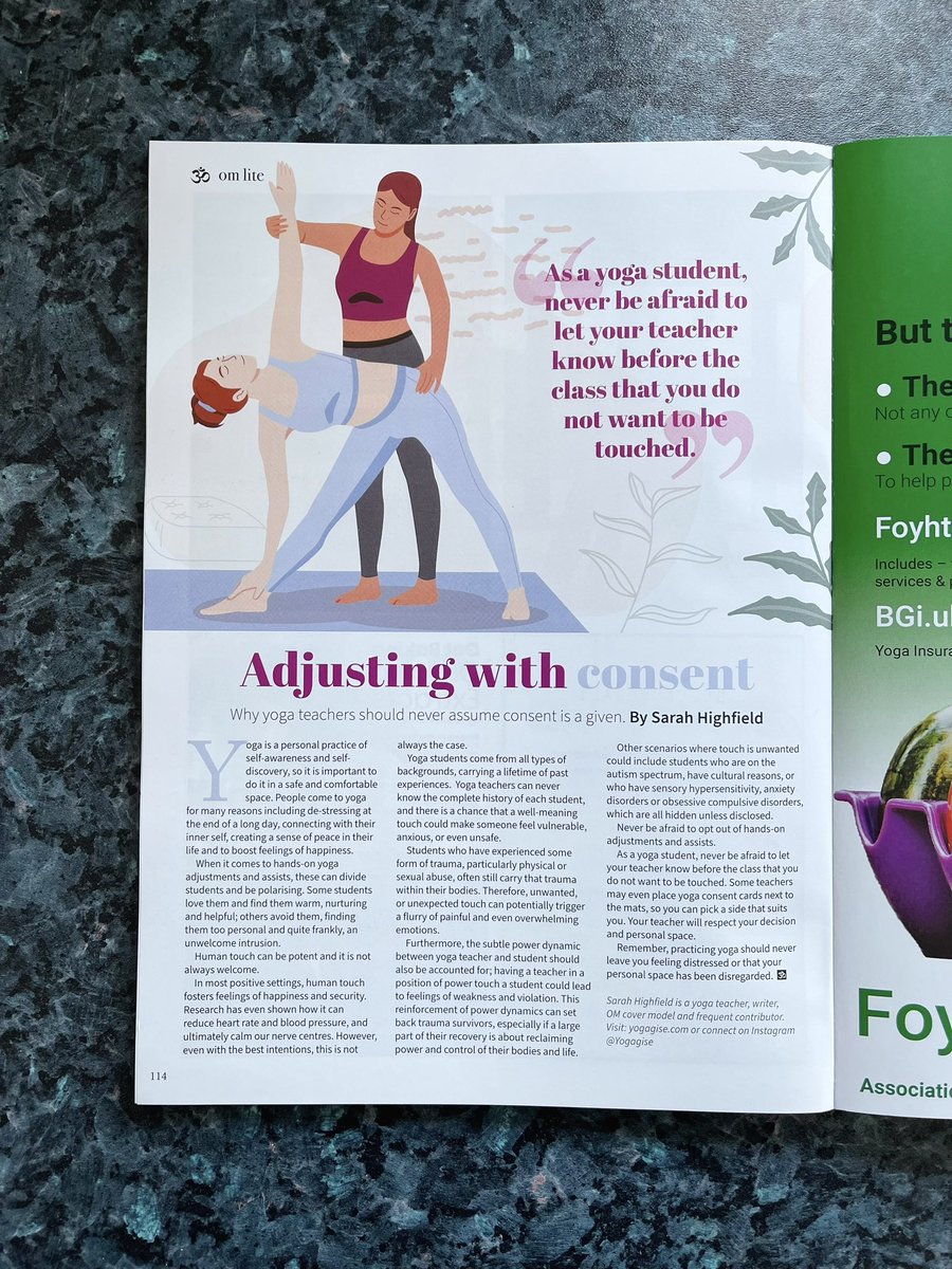 yogagise's tweet photo. My latest yoga column in the Spring 2024 issue of @OMYogaMagazine is on shelves now. My column discusses #consent around yoga adjustments and why yoga teachers should never assume consent is a given.
#OmYogaMagazine #OmYogaMag #Yogagise #YogagiseYoga #SarahHighfield #YogaColumn https://t.co/BDT1dKmGQc