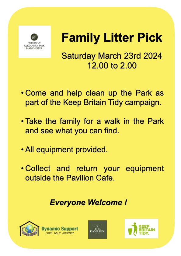 MCC Whalley Range (@mccwhalleyrange) on Twitter photo Come & Join Family Litter Pick to take place in Alexandra Park <a href="/AlexParkMCR/">Alexandra Park</a> on Saturday 23rd March 12:00 - 2:pm.
It will be great time to have a walk while cleaning up our lovely park #GBSpringClean24.
Together let's make a difference. Come & Join Family Litter Pick to take place in Alexandra Park <a href="/AlexParkMCR/">Alexandra Park</a> on Saturday 23rd March 12:00 - 2:pm.
It will be great time to have a walk while cleaning up our lovely park #GBSpringClean24.
Together let's make a difference.
