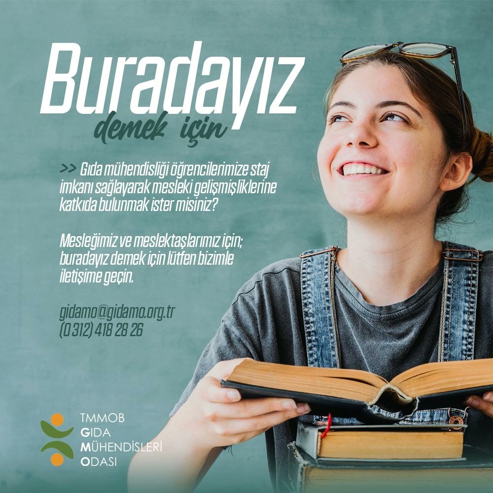 Sizlerden Gıda Mühendisliği bölümünde okuyan öğrenci arkadaşlarımıza çalıştığınız işyerinde staj imkanı sağlamanızı talep ediyor, uygun bir staj imkanınız olması halinde, web sitemizde yer alan formumuzu doldurmanızı rica ediyoruz.

🔗 gidamo.org.tr