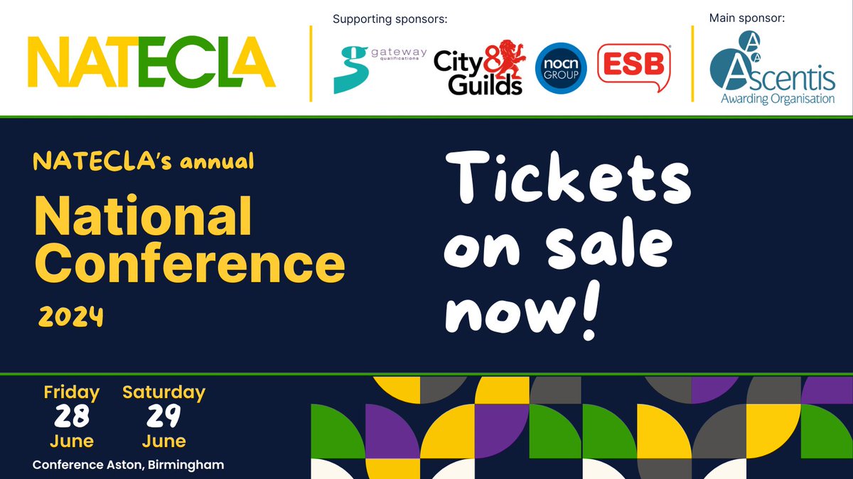 NATECLA's tweet photo. Drum roll please........π₯π₯π₯π₯π₯π₯π₯
The tickets to the BIGGEST event in the UK and Irish #ESOL calendar are on sale NOW!
https://t.co/cI3Va05JsP
Thank you to sponsors confirmed so far: @AscentisAO @ESBUK @cityandguilds @GatewayQuals @NOCNGroup https://t.co/CuHB1V5jxs