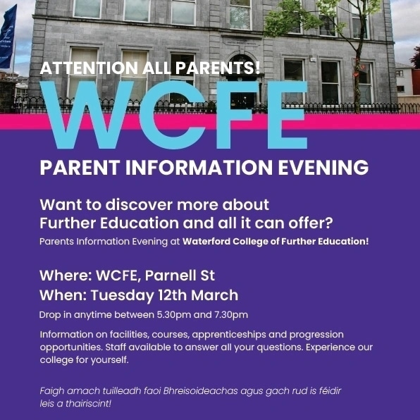 .@wcfe @FETColleges_IE Today is the day!! All welcome to Parent Information Evening. Drop in bw 5.30 & 7.30pm. Meet staff. See facilities! Learn about FE! #parents #Waterford #wwetb #welcome #free #college #Wexford #kilkenny