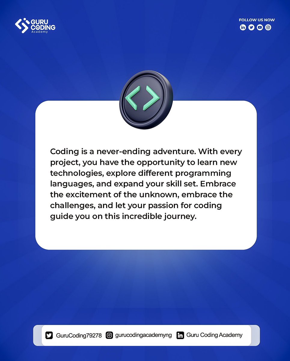 GuruCoding79278's tweet image. Every coding project is a thrilling adventure! Discover new tech, languages, and grow your skills. Let your coding passion lead the way. Register with @gurucodingacademyng to discover your tech skills #coding #techskillacademy #gurucodingacademy
