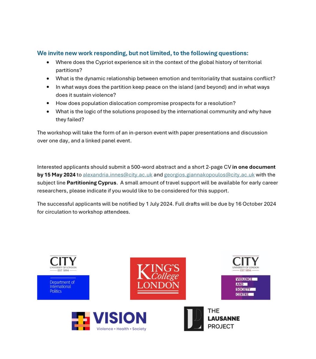 📢📢 Workshop CFP klaxon‼️📢📢 If interested in the history of partitions/territoriality/bordering/violence, hybrid sovereign spaces and sites of intervention and work on Cyprus or on parallel cases do send us an abstract. Deadline: 15 May. Details 👇🏽👇🏽👇🏽