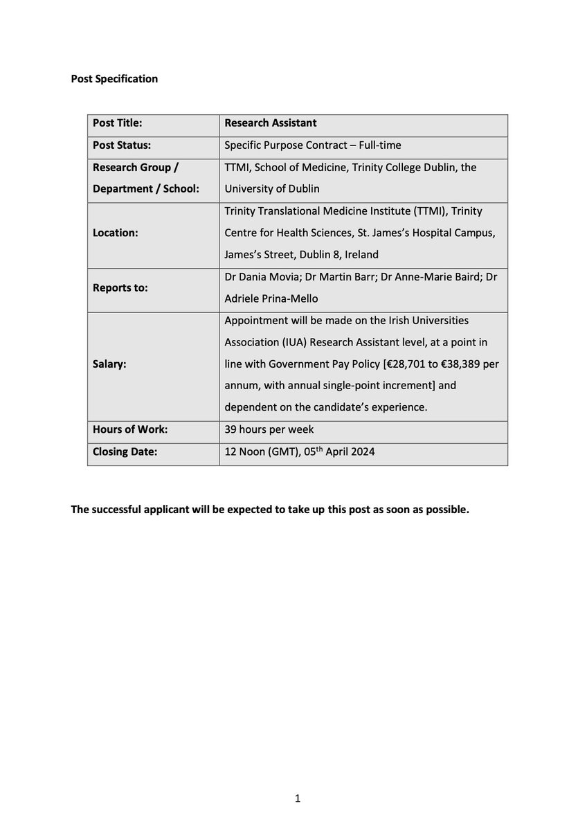 Dania Movia (@damovia) on Twitter photo 🚨 Research Assistant position available in EU-funded project focused on developing novel bioengineered #ExtracellularVesicle RNA-based advanced therapeutics. You will join a great team of researchers at <a href="/TCDTMI/">TTMI - Trinity Translational Medicine Institute</a> and work on exciting ex vivo models of #lungcancer RT welcome! 🚨 Research Assistant position available in EU-funded project focused on developing novel bioengineered #ExtracellularVesicle RNA-based advanced therapeutics. You will join a great team of researchers at <a href="/TCDTMI/">TTMI - Trinity Translational Medicine Institute</a> and work on exciting ex vivo models of #lungcancer RT welcome!