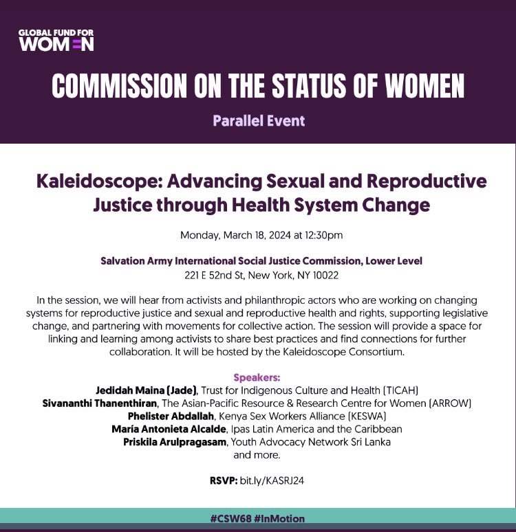 Are you attending #CSW68 join in a vital discussion on advancing sexual and reproductive justice for every body. Where @keswa_kenya National Coordinator @phelisterabdalla will be speaking. @GlobalFundWomen @Fos_Feminista @ajws RSVP to secure your spot bit.ly/KASRJ24