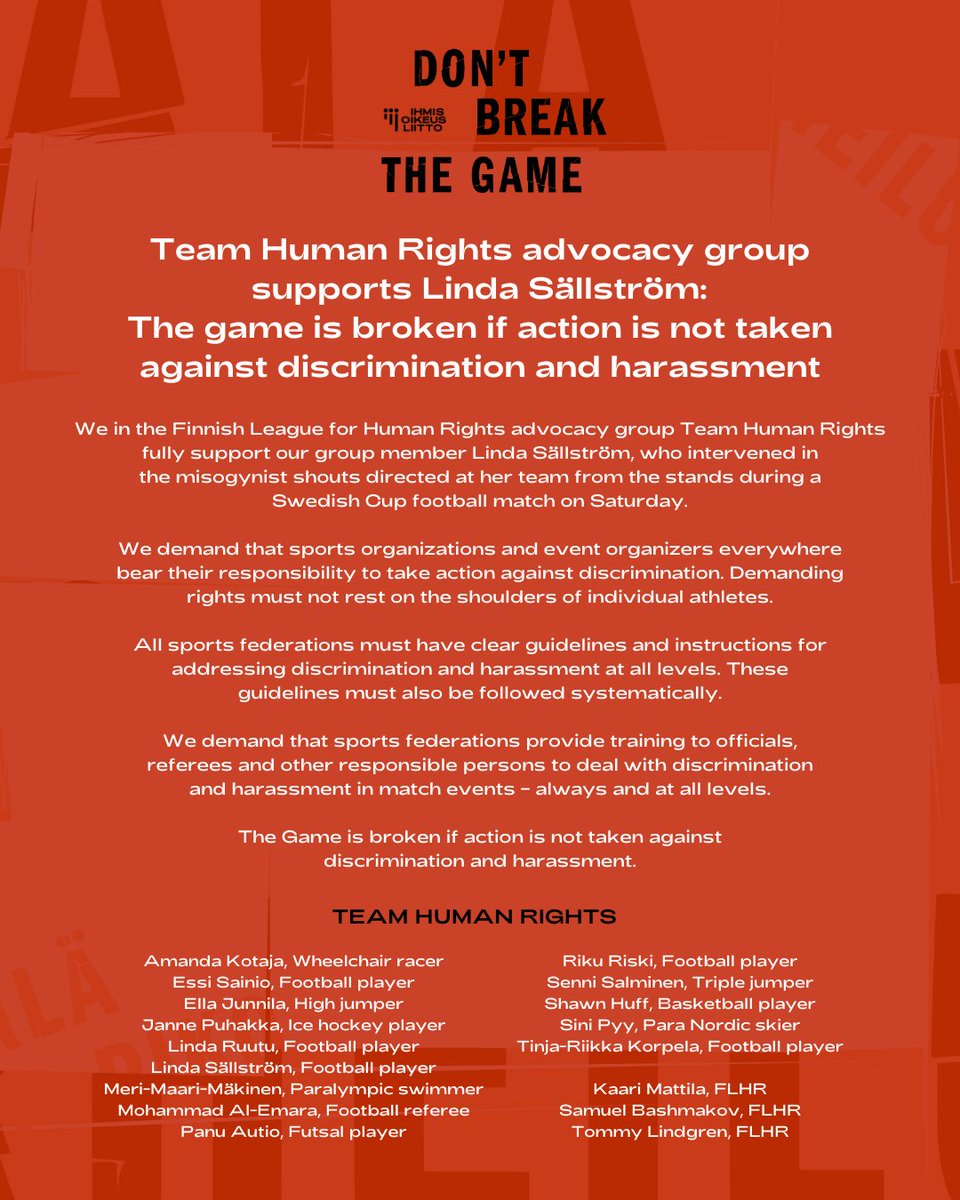 Team Human Rights advocacy group fully supports @LindaSallstrom who intervened in misogynist shouts during a Swedish Cup football match. 

We demand that sports organizations and event organizers bear their responsibility to take action against #discrimination.

#DontBreakTheGame