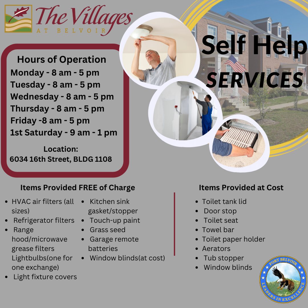 Spring is in the air, and that means it’s time to refresh and renew your home🧹! Visit Fort Belvoir Self-Help Center if you need to replace any items. The center offers items free of charge and items at a low cost for The Villages at Belvoir residents.