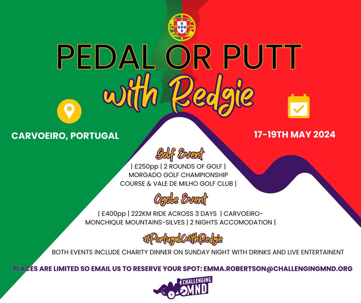 Redgie´s Pedal or Putt #Portugal Event is now taking reservations! If you love Golf or Cycling, this fundraiser is definitely for you. Enjoy a sports getaway whilst supporting our Challenging MND cause! Email ➡ emma.robertson@challengingmnd.org #fundraiser #MND #golf #cycling