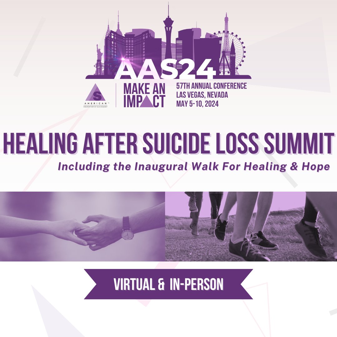 Join AAS for the Healing After Suicide Loss Summit. This hybrid experience – on the final day of #AAS24 – unites voices in suicidology and aims to strengthen community. Register at the link in our bio. #AAS #suicideloss #grief #AASMakeAnImpact #suicideprevention #mentalhealth