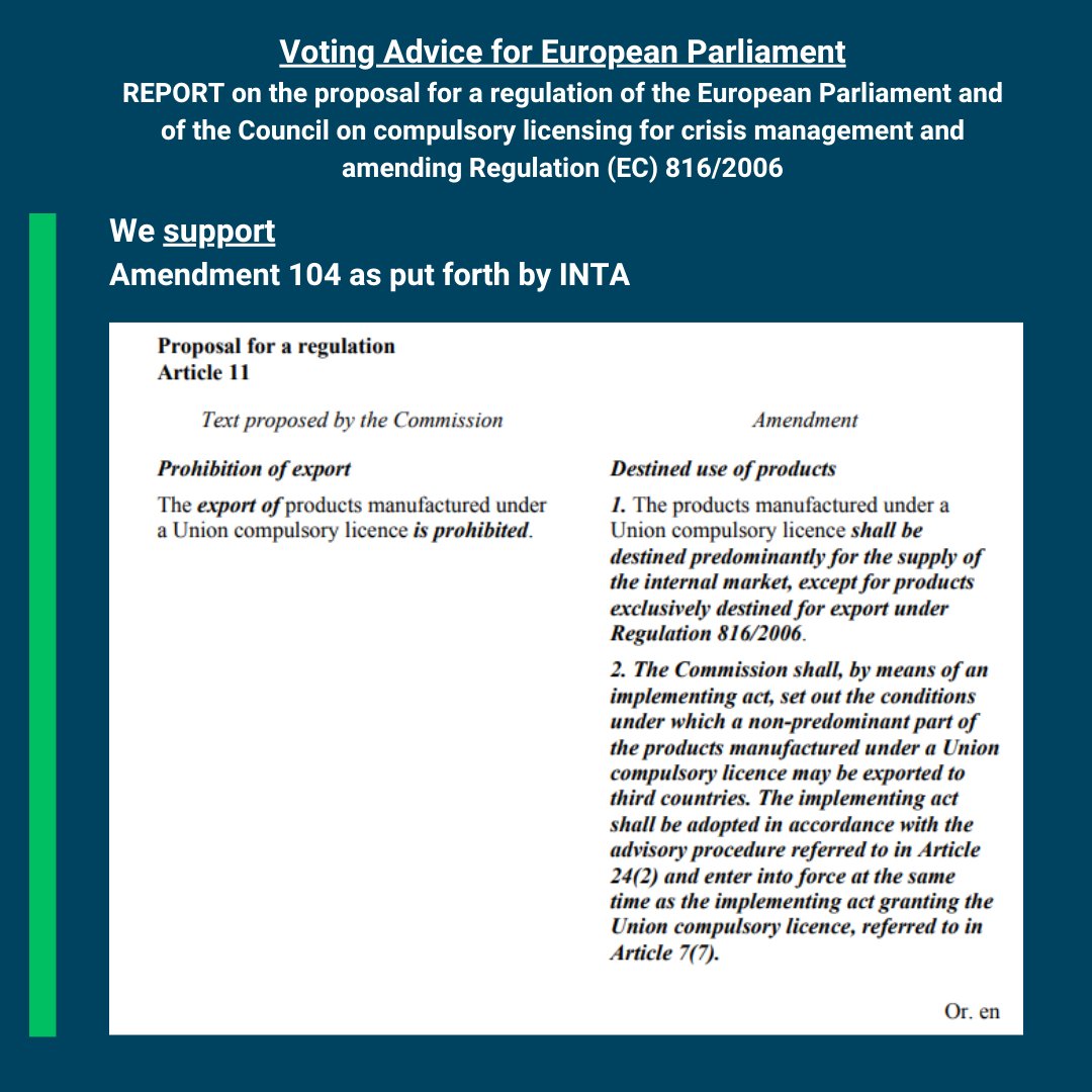 Ahead of tomorrow's crunch vote in @Europarl_EN on the Union Compulsory Licence proposal, we call on MEPs to support amendments allowing for better access to medicines (such as the removal of a ban on exports) and reject clauses which may thwart the purpose of the regulation.