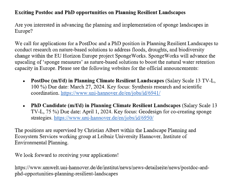 IALE-Europe (@ialeeurope) on Twitter photo Two new positions on Planning Resilient #Landscapes at <a href="/UniHannover/">Leibniz Uni Hannover</a> part of the Institute of Environmental Planning, in a team led by <a href="/DrChrAlbert/">Christian Albert</a>
Apply here
Postdoc uni-hannover.de/en/jobs/id/694…
PhD Candidate: uni-hannover.de/en/jobs/id/695…
#landscapeecology #postdoc #job Two new positions on Planning Resilient #Landscapes at <a href="/UniHannover/">Leibniz Uni Hannover</a> part of the Institute of Environmental Planning, in a team led by <a href="/DrChrAlbert/">Christian Albert</a>
Apply here
Postdoc uni-hannover.de/en/jobs/id/694…
PhD Candidate: uni-hannover.de/en/jobs/id/695…
#landscapeecology #postdoc #job