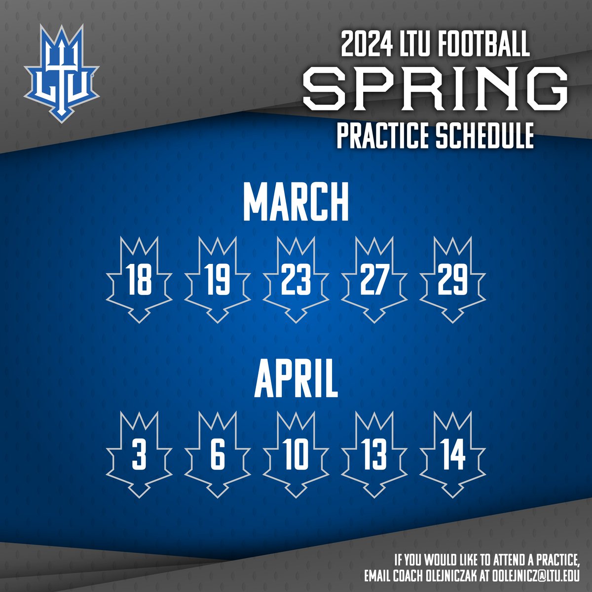 LTU Football (@ltu_fb) on Twitter photo Here is the 2024 LTU Football Spring Practice schedule 🏈
If you are interested in attending practice please email oolejnicz@ltu.edu #WeAreLTU Here is the 2024 LTU Football Spring Practice schedule 🏈
If you are interested in attending practice please email oolejnicz@ltu.edu #WeAreLTU