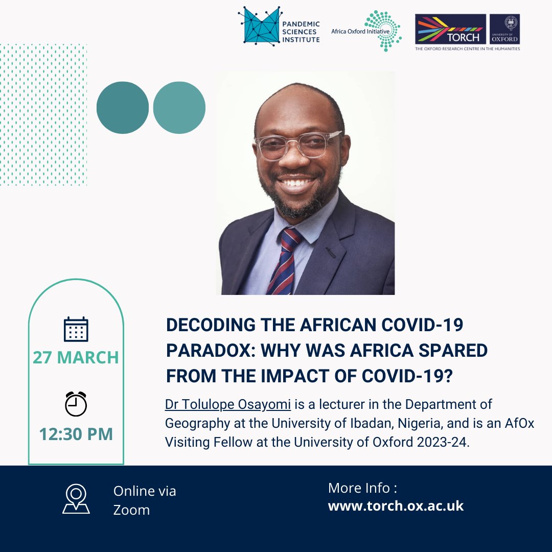 🌐 Decoding Africa's #COVID19 Paradox - A Lunchtime Seminar 🕒 Why did Africa defy predictions during the pandemic? Join us to uncover the mysteries with Dr. Tolulope Osayomi & experts. 🌍💡 🗓️ 27 March | 12:30pm 🔗 Register: ow.ly/Zy7950QR0Ki #PublicHealth
