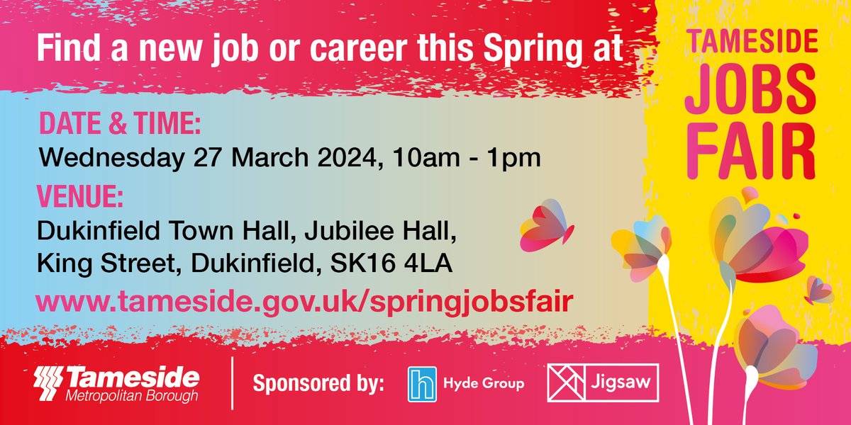 🧐 Looking for a new job? 📍Tameside Jobs Fair, Dukinfield Town Hall 🗓️Weds 27 Mar 🕐10am-1pm There'll be live local vacancies available, support on hand from training & skills providers & lots of opportunity to talk to local employers! tameside.gov.uk/springjobsfair @JigsawHG