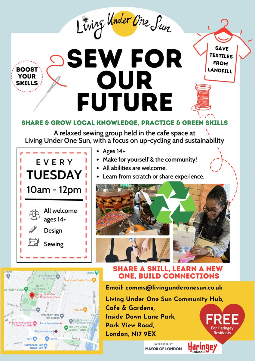 Join us for sewing in the green room on Tuesdays 10-12. Bring an item to fix, something to upcycle or pop in & collaborate on the banner! #sewing #sewinggroup #freeactivity #upcycle #usereuserecycle #n17 #downlanepark #tottenham #tottenhamhale #greenskills