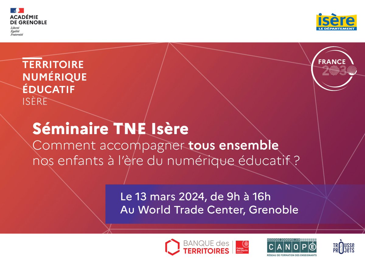 📢J-1 #TNE38 | Enseignants et personnels d'encadrement du 38, RDV demain pour une journée axée sur la co-éducation à l'ère du #numérique et pour rencontrer :
▶ Des #partenaires
▶Des #éditeurs des Solutions Numériques Éducatives
▶Des #associations "parentalité" de l'Isère