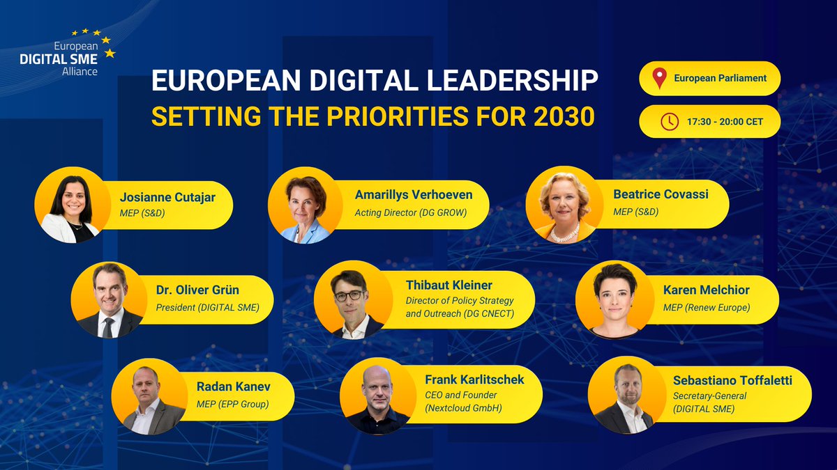 European #Digital Leadership: Setting the Priorities for 2030  

20 March 2024 
17:30 - 20:00 CET European Parliament  

Join the discussion, moderated by @antonioagrasso, with entrepreneurs, #MEPs, and representatives of the #Commission!  

👇
digitalsme.eu/events/europea…