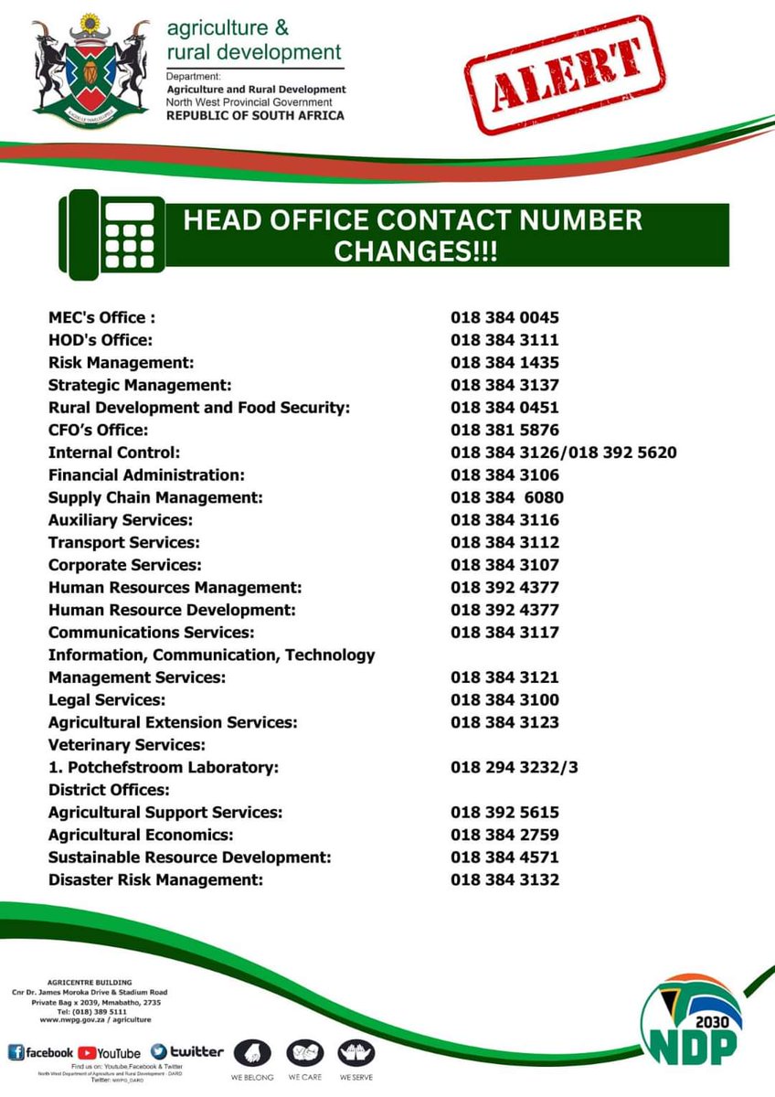 nwpg_dard's tweet photo. The North West Department of Agriculture and Rural Development’s Head Office contact number changes. https://t.co/OfpnOTrfNr