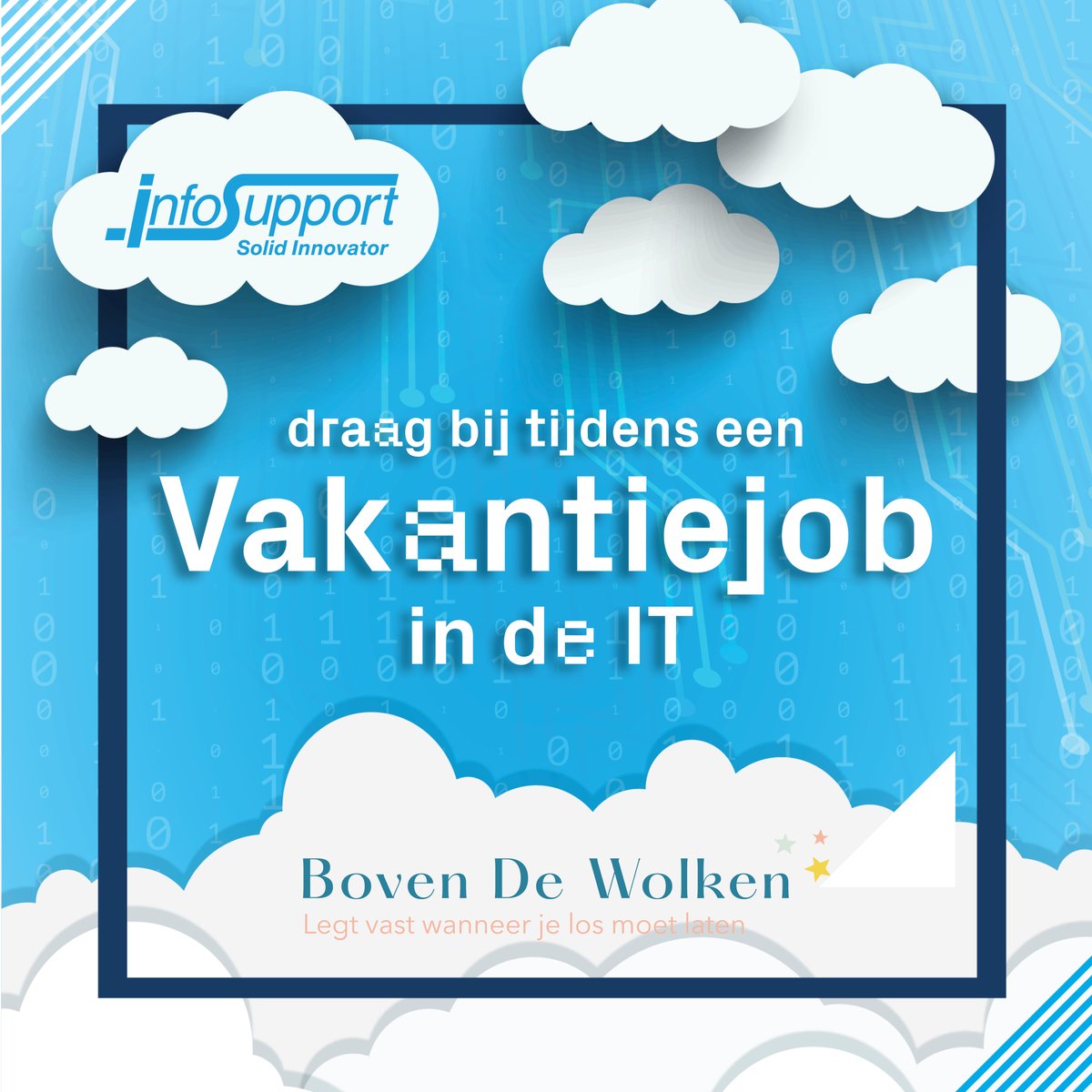 InfoSupportBV's tweet image. Tijdens je vakantie bijdragen aan een echt IT-project voor een goed doel? Dat kan bij Info Support. In 2024 gaan we een oplossing ontwikkelen voor Boven De Wolken vzw. Ben je klaar voor de uitdaging? Solliciteer direct: infosupport.it/3Pj5Goq
#vakantiebaan #toegepasteinformatica