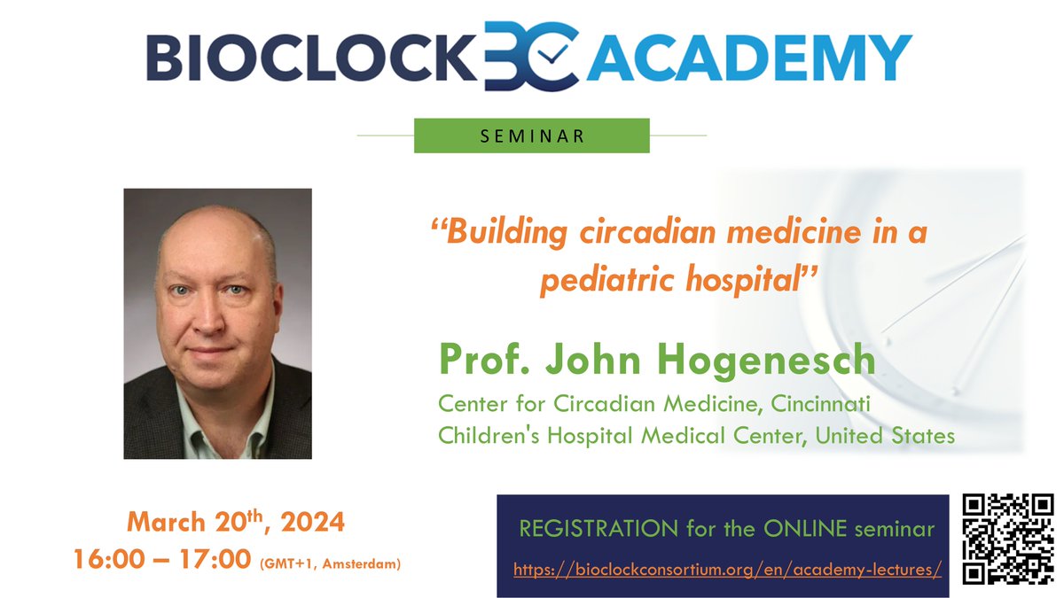 BioClock Consortium (@bioclocknl) on Twitter photo In the upcoming BioClock Academy Lecture on March 20, at 16:00 (GMT +1 Amsterdam), Prof Hogenesch of the Cincinatty Childrens Medical Centre <a href="/CincyChildrens/">Cincinnati Children's</a> will talk about new opportunities in circadian medicine”!
Registration on the <a href="/bioklok/">Bioklok.nl</a> website: lnkd.in/dtyGUaMq In the upcoming BioClock Academy Lecture on March 20, at 16:00 (GMT +1 Amsterdam), Prof Hogenesch of the Cincinatty Childrens Medical Centre <a href="/CincyChildrens/">Cincinnati Children's</a> will talk about new opportunities in circadian medicine”!
Registration on the <a href="/bioklok/">Bioklok.nl</a> website: lnkd.in/dtyGUaMq
