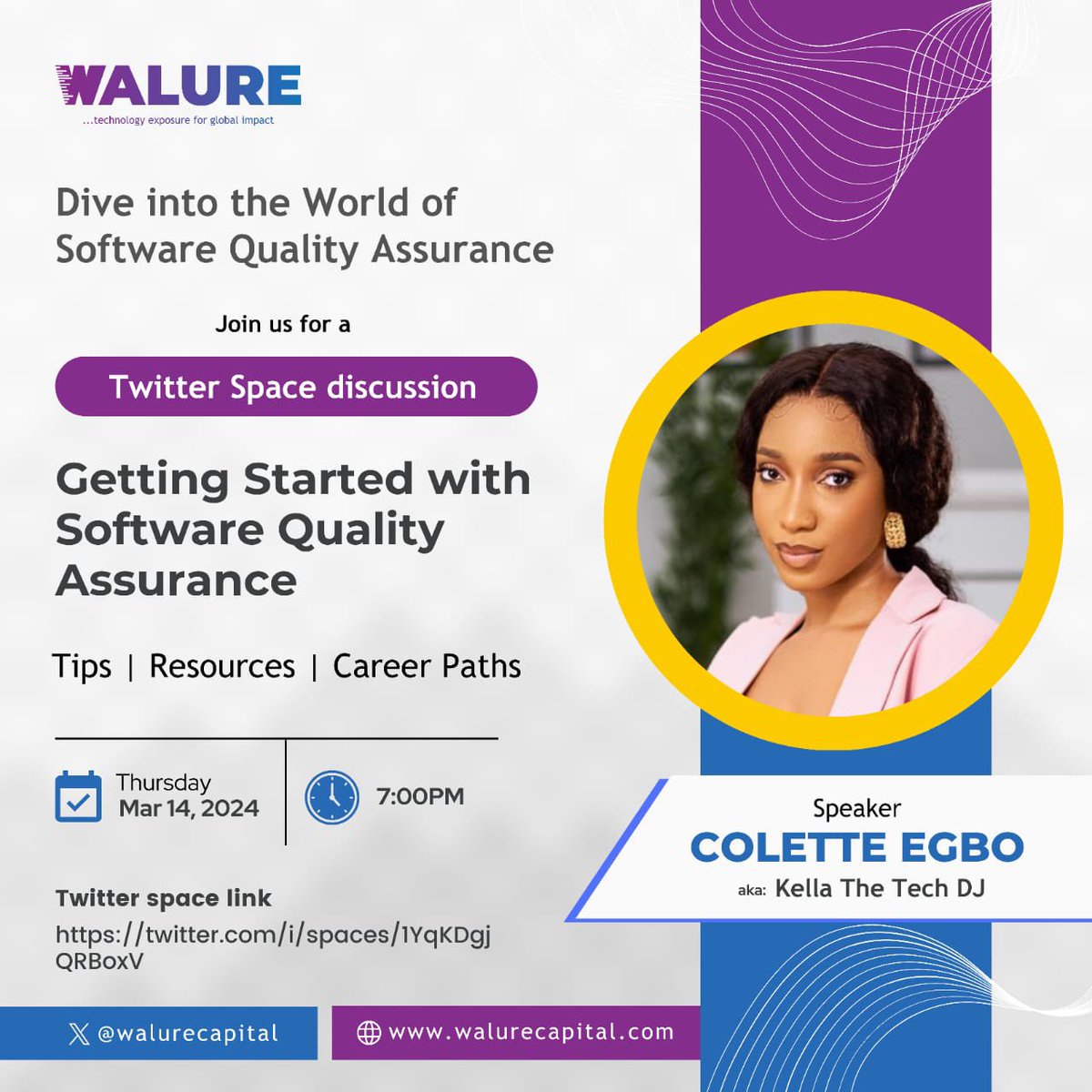 Calling on future testers! Join us @walurecapital on Thursday 7pm WAT as I give tips on how to break into the Software Quality Assurance path and climb the ladder to success.