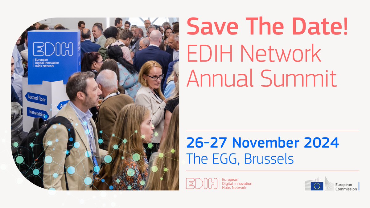 📢EDIH Network members, mark your calendars! 🗓️

The #EDIH_Network_Summit is happening on 26 &amp; 27 November 2024 in Brussels and online.

Don't miss out on this exclusive event!